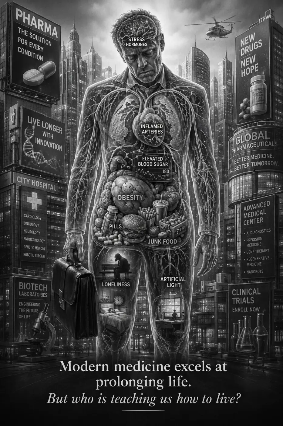 Interior illustration contrasting medical advances with pleasurable healthy habits